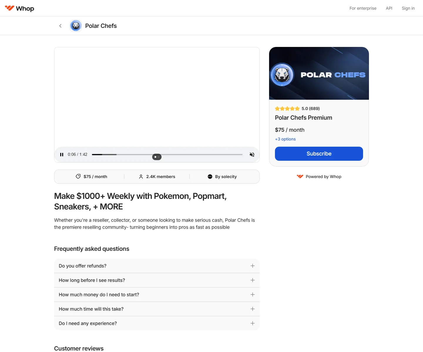 Polar Chefs live Whop page: 5.0 stars from 689 reviews, 2.4K members, $75/mo